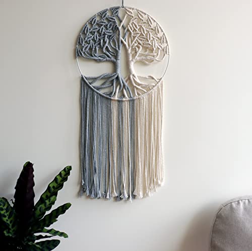 GUKALYLY Tree of Life Macrame Wall Hanging, Handmade Woven Boho Wall Art, Grey and White Round Macrame Wall Decor for Bedroom Nursery Apartment Dorm, Gift for Mom & Women, 13" W x 31.5" L