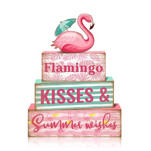 Britimes Tiered Tray Decor Set, 4 Pack, Wooden Table Sign, Summer Flamingo - style: Flamingo