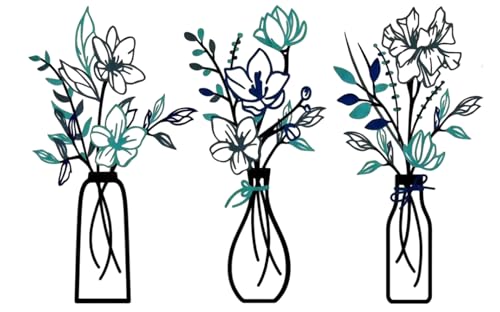 3PCS Metal Flowers Wall Decor, Modern Blue Floral Metal Art for Bathroom, Dining Room, Bedroom, Farmhouse Home Decoration