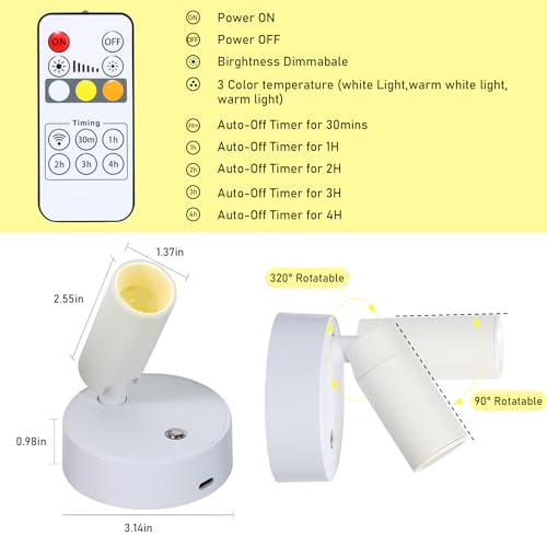 LED Wireless Spotlights with Remote Up Lights Indoor Dimmable Picture Light Battery Operated with Timer, Rechargeable Spot Lights Accent Uplighting for Plant Wall Art Dartboard - color: White