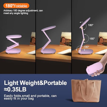 Akejrym LED Desk Lamp for Office Home & Battery Operated Lamp Rechargeable Lamp Foldable & Portable Light, [2-Fold Bracket] 3 Brightness Dimmable Small Desk Lamp Wireless Reading Lamp (Pink) - color: Pink