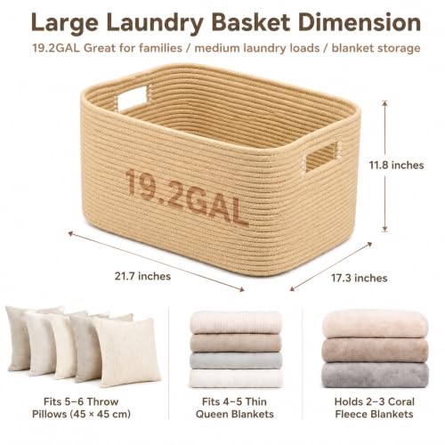 19.2GAL Sturdy Large Laundry Basket with Handles for Bathroom, Dorm Dirty Clothes, Portable Aesthetic Boho Cute Woven Storage Pillow Blanket Baskets for Living Room Decor Girls Boys Pets Toys Oatmeal - color: Oatmeal, size: 19.2GAL