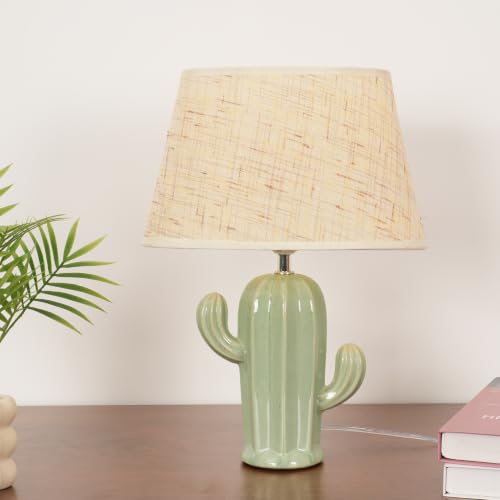 Cactus Desk Lamp, Modern Night Light with Fabric Lampshade, Ceramic Base, Adorable Bedside Table Lamp for Bedroom Nightstand