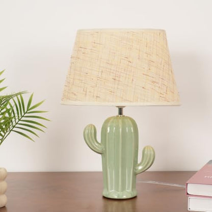 Cactus Desk Lamp, Modern Night Light with Fabric Lampshade, Ceramic Base, Adorable Bedside Table Lamp for Bedroom Nightstand