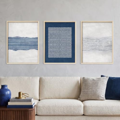 Aryroi Navy Blue and White Abstract Framed Canvas Wall Art Set- 12"x16"x3 - color: Navy Blue Dot Wall Art - White Oak Framed, size: 12"L x 16"W