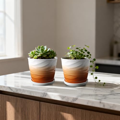5 Inch Ceramic Plant Pot(5.5 in Diameter, 4 Pack) - color: Khaki + White, size: 5.5 Inch-4 Pack