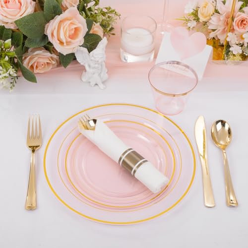WELLIFE 350Pcs Clear-Pink Plastic Dinnerware- Pink and Gold Plastic Dinnerware include 50 Dinner Plates, 50 Dessert Plates, 150 Gold Silverware, 50 Cups and 50 Napkins Perfect for Parties - color: Clear Pink and Gold, style: 350PCS（50 Guests）