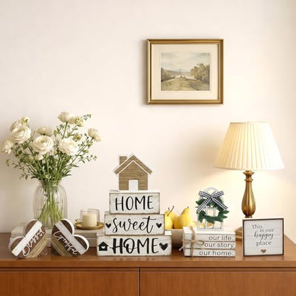 11 Pcs Farmhouse Table Decorations Farmhouse Tiered Tray Decor Set Stack Signs Wooden Heart Rustic Sweet Home Tiered Tray Decor for Kitchen Table Shelf - style: Farmhouse