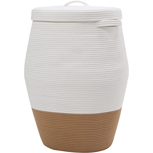 26"x20" Handcrafted Tall Cotton Rope Basket with Lid, Stylish Flagon Shape with Cover, Clothes Hamper with Top, for Bedroom and Living Room, White/Camel Bottom - color: White/Camel Bottom