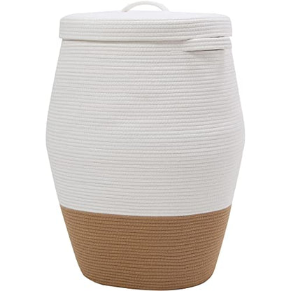 26"x20" Handcrafted Tall Cotton Rope Basket with Lid, Stylish Flagon Shape with Cover, Clothes Hamper with Top, for Bedroom and Living Room, White/Camel Bottom - color: White/Camel Bottom