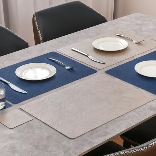 Vinyl Placemats Set of 4, Dual Sided Place Mats with Drink Coasters - color: Navy Blue/Light Gray Two-tone, size: Set of 4