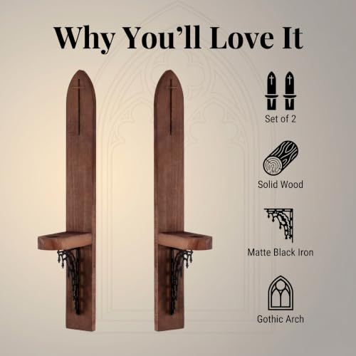 Gothic Wall Sconces, Wooden Wall Candle Holders, Brown, Set of 2