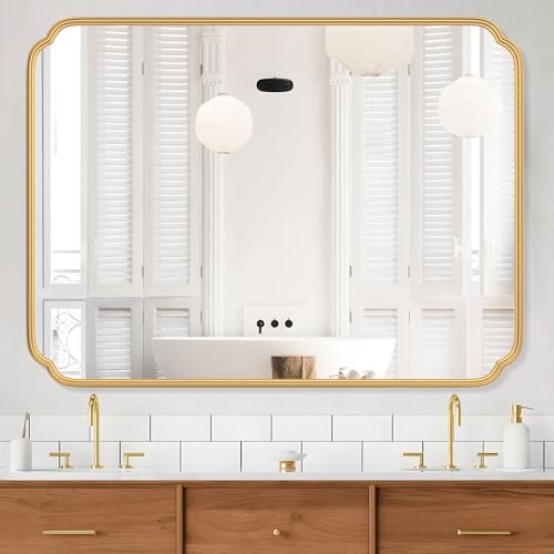 Ferytange 36 x 48 Inch Gold Bathroom Vanity Mirror for Wall with Non-Rusting Metal Frame Large Rounded Rectangle Mirror for Over Sink (Horizontal/Vertical) - color: Gold, size: 48"L x 36"W