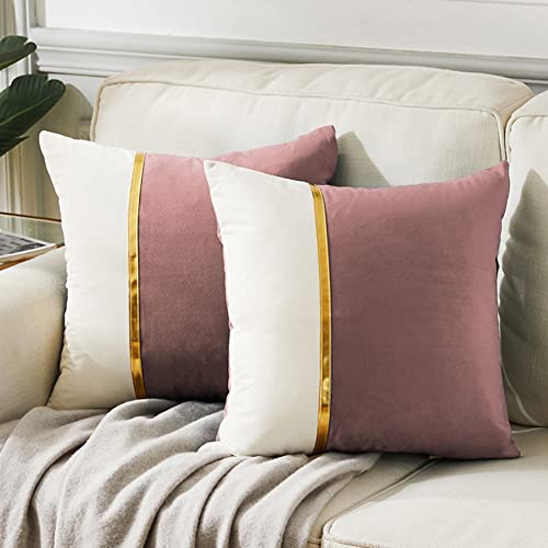 Fancy Homi 2 Packs Jam Decorative Throw Pillow Covers 18x18 Inch for Living Room Couch Bed Sofa, Mauve and White Velvet Patchwork with Gold Leather, Luxury Home Decor Square Cushion Case 45x45 cm - color: Jam, size: 18" x 18" (Pack of 2)