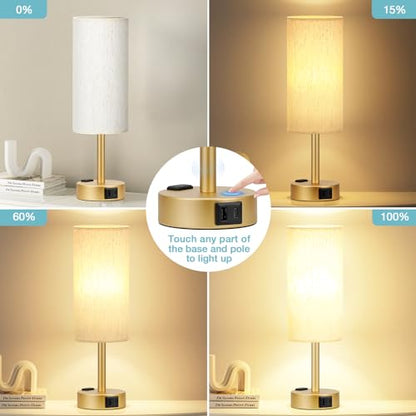 Fenmzee Gold Bedside Lamp for Bedroom, Dimmable Touch, USB A+C, AC Outlet - color: Cream - Gold, size: 14"