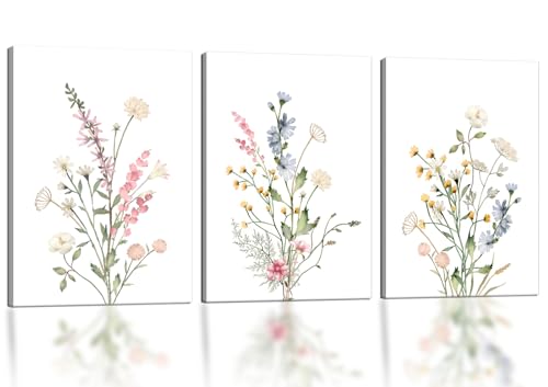 Framed Wildflower Botanical Canvas Wall Art 12x16 Farmhouse Decor | Watercolor botanical painting prints and picture poster on canvas, cottagecore farmhouse decor, ready to hang - color: Watercolor Floral Prints In Muted Natural Tones, size: 12"L x 16"W