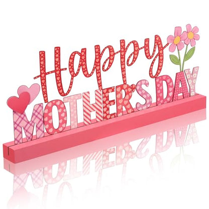 Yaocom 13.78 Inch Metal Happy Mothers Day Sign Mother's Day Table Decorations Holiday Tiered Tray Letter Sign Mom Table Centerpiece with Wooden Base for Home Shelf Mantel Office Kitchen Party Decor - style: Mothers Day