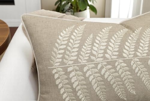 Rudransha Botanical Fern Leaf Embroidery Lumbar Pillow Cover - 12x18 Natural Linen - color: Natural-ferny, size: 18" x 12" (Pack of 1)