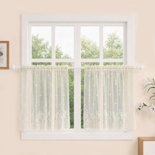 Molaxhome Kitchen Curtains Valance Beige Lace Floral Semi Sheer Curtain - color: Beige, size: 29"W x 24"L (Pack of 1)
