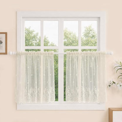 Molaxhome Kitchen Curtains Valance Beige Lace Floral Semi Sheer Curtain - color: Beige, size: 29"W x 24"L (Pack of 1)