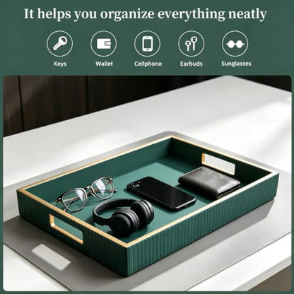 SANZIE Leather Tray Desktop Storage Organizer, Rectangle Valet Tray, Green - color: Green Holder