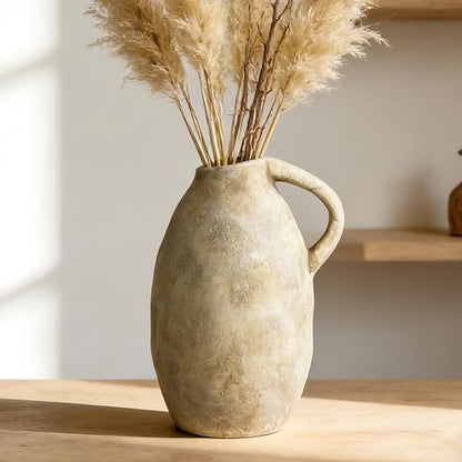 Rustic Ceramic Vase with Handle, 10.3 Inch, Farmhouse Decor, Beige - color: Beige