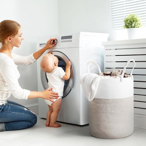 Laundry Hamper Basket, Woven Cotton Rope Blanket Basket, Nursery Storage - color: White & Brown, size: 15"D x 18"H