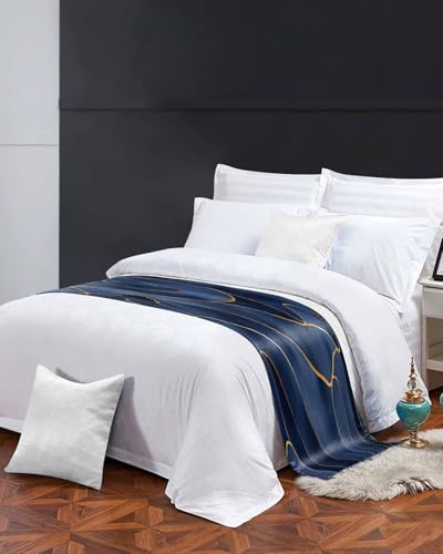 Navy Blue Gold Bed Runner Scarf Cal King Size,Boho Marble Abstract Geometric Striped Luxury Bed Throw Runners & Scarves for Twin Full Queen King Foot of Bed Bedroom Hotel Wedding Decoration,102"x20" - size: 102x20in,260x50cm