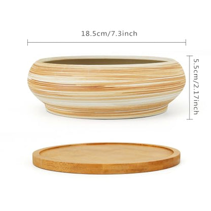 Succulent Pots, Ceramic Bonsai Pots with Tray, 7.3 Inch Large Plant Pots - color: Wooden Pattern