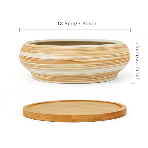 Succulent Pots, Ceramic Bonsai Pots with Tray, 7.3 Inch Large Plant Pots - color: Wooden Pattern