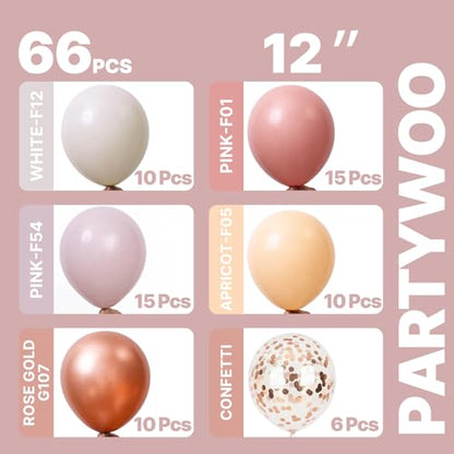 PartyWoo Dusty Pink Balloons 66pcs 12 Inch Blush Pink Gold White Balloons - color: Pink-3320
