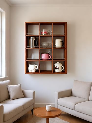 12 Grid coffee mug display shelf, 17x25" Wooden cup shelf for wall,Walnut - color: Walnut