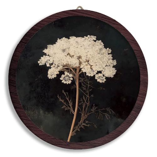 XDFVL Vintage White Flowers Wall Hanging Prints Frame, Dark Rustic Round Wooden Prints, Cottagecore Botanical Flower Wooden Walls for Home Bedroom Living Room Decor, 10x10 Inch - color: white flower