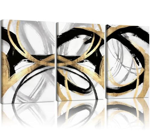 LYYGLYY 3Pcs Framed Black Gold and White Canvas Wall Art 12x16 Inches - color: Dancing Lines, size: 12x16 Inches