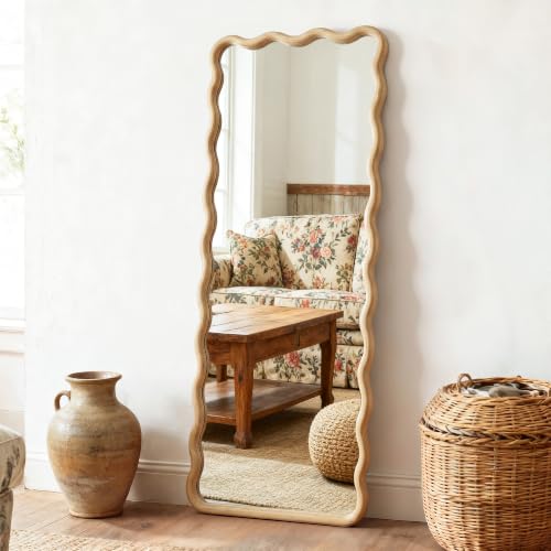 Full Length Mirror, 55”x20” Wavy Wood Floor Mirror for Wall - size: 55"L x 20"W