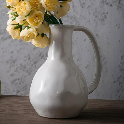Tanvecle White Ceramic Vase with Big Handles, Modern Farmhouse Decor, Rustic Pottery for Flowers, Decorative Terracotta Centerpiece for Dining Table
