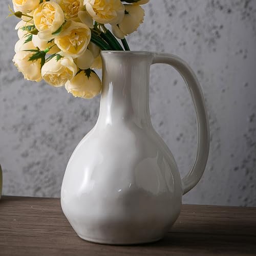 Tanvecle White Ceramic Vase with Big Handles, Modern Farmhouse Decor, Rustic Pottery for Flowers, Decorative Terracotta Centerpiece for Dining Table