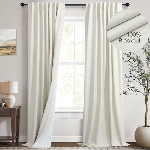 Cream Linen Blend Blackout Curtains 84 Inch Long 2 Panel Back Tab Thermal Insulated Light Blocking Curtain for Living Room Black Out Drape for Bedroom Neutral Rustic Farmhouse 52x84 Length Ivory White - color: Natural, size: 52"W x 84"L (Pack of 2)