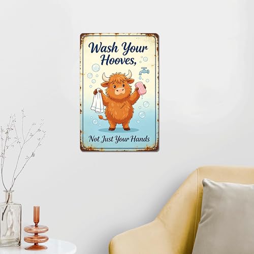 Cartoon Highland Cow Wash Your Hooves Funny Slogan,Rustproof Aluminum Vintage Wall Sign Humorous Farmhouse Bathroom Home Decor, Multipurpose Indoor Outdoor Hanging Plaque 8×12 Inch - color: M2030-Cow1-7