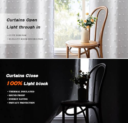 MYSKY HOME Blackout Curtains for Kids Bedroom 100% Light Block Out Thermal Insulated Curtain 72 Inches Grommet Room Darkening Curtains Privacy Window Drapes with White Pom Pom Sheers?2 PCS, 50" x 72" - color: White Pom Pom, size: 50"W x 72"L (Pack of 2)