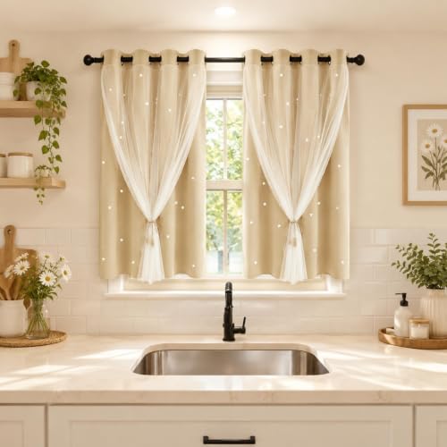 Beige Kids Star Cutout Curtains for Bedroom 52" W x 45" L 2 Panels - color: Beige, size: 52"W x 45"L (Pack of 2)