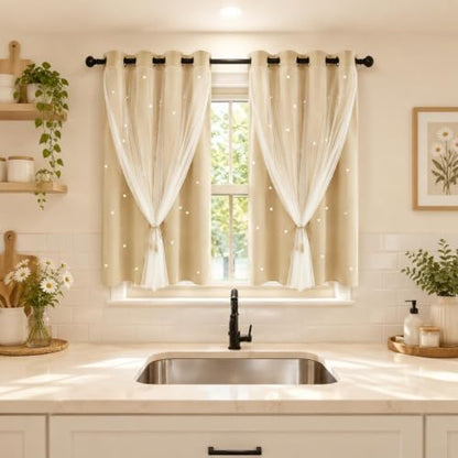 Beige Kids Star Cutout Curtains for Bedroom 52" W x 45" L 2 Panels - color: Beige, size: 52"W x 45"L (Pack of 2)