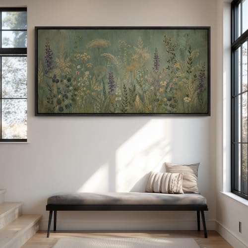 wall26 Extra Large Framed Wall Art Canvas Print - Sage Green Vintage Wildflower Botanical - Contemporary Artwork for Living Room Bedroom Office - 60"x30" Black - color: A07-2607-ANG16, size: 60"L x 30"W, style: Black Frame
