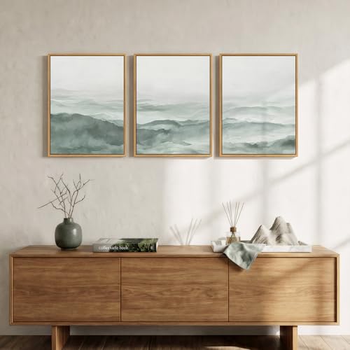 Framed Green Misty Mountain Landscape Canvas Wall Art Bedroom, 12x16 Inch - color: Pastel Green, size: 12" W x 16" H x 3Pcs