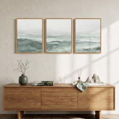 Framed Green Misty Mountain Landscape Canvas Wall Art Bedroom, 12x16 Inch - color: Pastel Green, size: 12" W x 16" H x 3Pcs