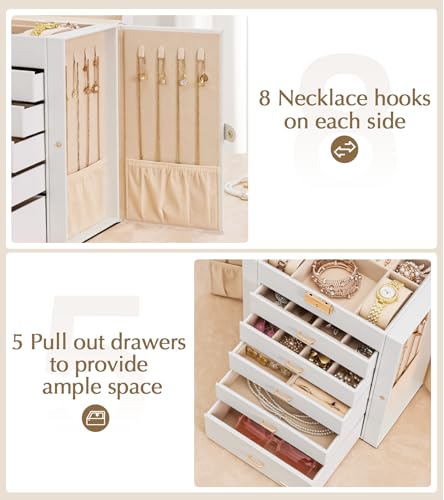 Homde Jewelry Box Large for Women: 6 Layers Organizer with 5 Drawers - color: White