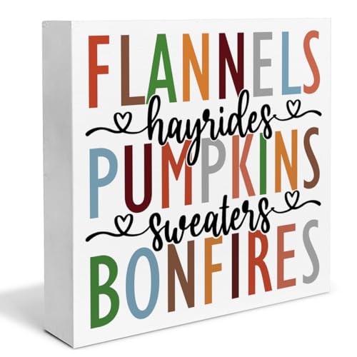 Dolimifa Fall Decor Autumn Harvest Wooden Box Sign, 5 x 5 Inches, Rustic Home Desk Shelf Tabletop Decor, Farmhouse Fall Decorations, Quality Wood, Sturdy, Clear Printing, Ideal Gift - color: Multicolor FLANNELS