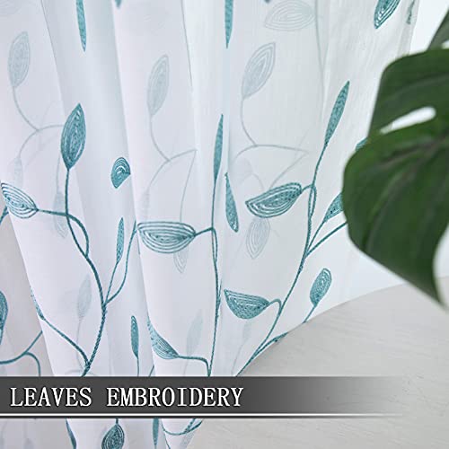 Tollpiz Leaves Sheer Tier Curtain Teal Blue Leaf Embroidery Kitchen Half Curtains Rod Pocket Voile Faux Linen Embroidered Leaves Curtain for Bathroom, 30 x 36 inches Long, Set of 2 Panels - color: Teal Blue, size: 30"W x 36"L (Pack of 2)