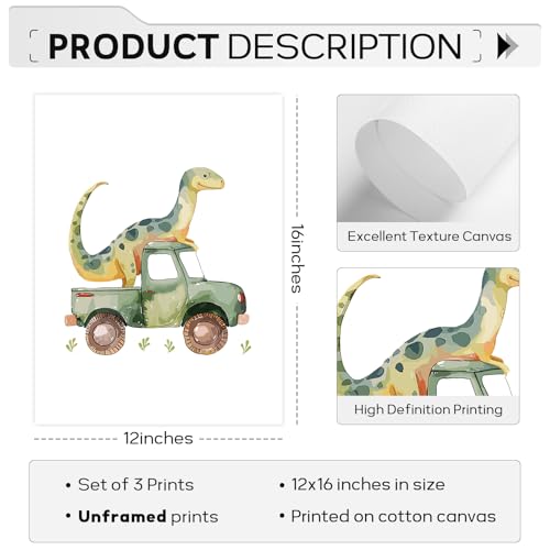 Dinosaur Nursery Wall Art Kids Canvas Poster Baby Boy Nursery Wall Decor Green Dino Pictures Toddler Prints Cartoon Dino Car Painting Boys Room Artwork for Bedroom Bathroom 12x16x3 Inch Unframed - color: Dinosaur Car Prints, size: 12"x16" Unframed