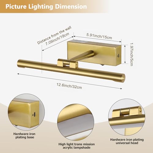 12.6 Inch Gold Picture Light Battery Operated with Remote and Timer - color: Gold, size: 12.6 In